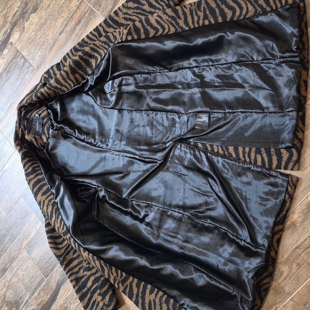 Tahari Black & Brown Wool Blend Lined 1 Button Zebra Print Midi Coat Pockets XS - Picture 7 of 9